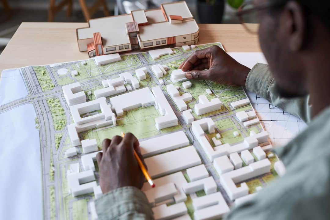Urban development site planning and location analysis showing strategic site evaluation for mixed-use development projects