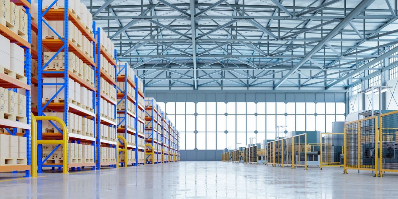 Contemporary industrial warehouse facility showing modern logistics infrastructure and automated systems for industrial real estate development