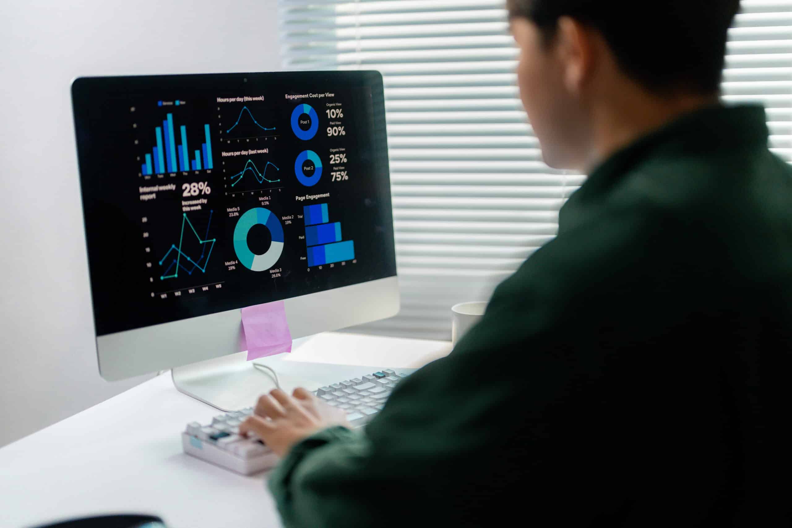 Professional analyzing digital charts and data on computer for impact measurement and technology-driven investment evaluation