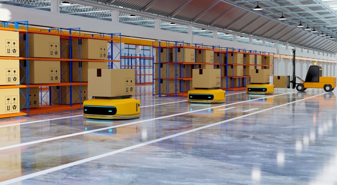 Automated warehouse systems and robotics technology showing modern logistics automation integration for industrial facility development